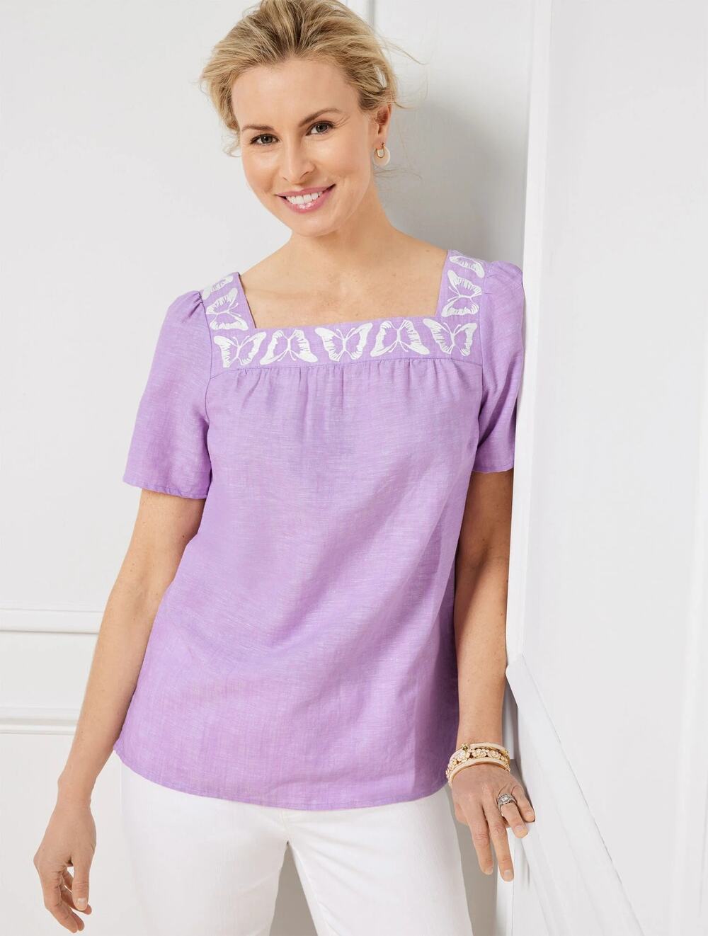 Talbots Butterfly Embroidered Top Purple Linen Cotton Square Neck Sz XLP